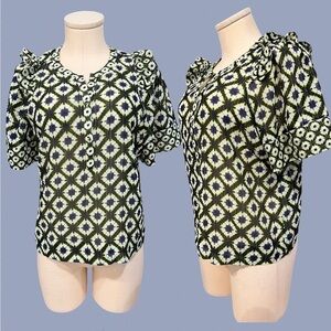 MARIE OLIVER silk blend button down short sleeve blouse with metallic threads